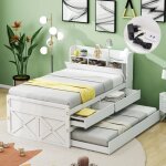 Lit simple 90x190 lit enfant avec lit gigogne, tiroir coulissant, sommier  lattes, table de chevet et ...