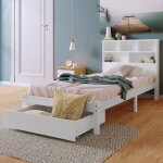 Lit adulte 90x200 cm lit simple d'enfant avec tiroirs, tagre et bibliothque, pour ados et adultes, ...