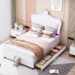 Lit simple capitonn 90x200 cm, cadre de lit simple fille couronne blanche, sommier  lattes, 2 tiroirs, ...