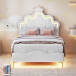 Lit simple capitonn 90x200 cm, avec led tte de lit forme de fleur et couronne, sommier  lattes en ...