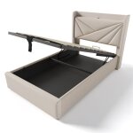 Lit simple capitonn� avec t�te de lit rechargeable par usb type c, tissu lin, avec sommier � lattes (sans ...