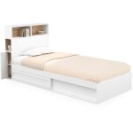 Idmarket - lit simple clem avec rangement, t�te de lit et sommier 90 x 190 cm blanc et h�tre