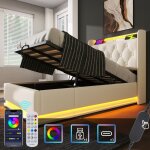 Lit simple coffre hydraulique 90x200, blanc - led 360, tlcommande, application, tte de lit rembourre ...