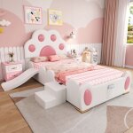 Lit simple pour enfant 90x200 cm, avec t�te de lit en forme de patte de chat cartoon, sac de rangement, ...