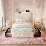 Lit simple enfant 90x200, lit princesse, ledet usb - 4 tiroirs et style doux - sommier � lattes inclus, ...