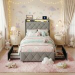 Lit simple enfant 90x200, lit princesse, ledet usb - 4 tiroirs et style doux - sommier � lattes inclus, ...