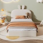 Lit simple d'enfant 90x200cm, lit rembourr� en velours, lit plat avec sommier � lattes et t�te de lit ...