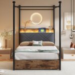 Lit simple multifonction avec rangement - tiroirs - baldaquin fer forg� - montants led usb / type - c ...