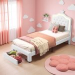 Lit simple princesse 90x200, t�te de lit avec couronne, �clairage led et 1 tiroir - cadre de lit, lit ...