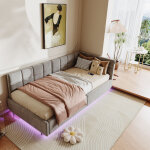 Sunfecili ? lit simple suspendu 90x200 ? canap� - lit capitonn� avec �clairage led ? coffre hydraulique ...