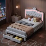 Tanant - lit simple avec rangement 140x200cm, tête de lit princesse couronne avce Éclairage led et 2 ... Tanant - lit simple avec rangement 140x200cm, tête de lit princesse couronne avce Éclairage led et 2 ...