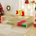 Wishdor - lit au sol 90x200 cm, lit au sol bb, lit enfant, cadre de lit en bois avec barrire et porte, ...