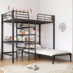 Lit superpos 90x200 cm lit enfant 2 places avec avec table, tagres, chelle et barrires latrales, ...