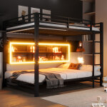 Lit superpos� 140x200 cm avec 6 armoires de rangement et �clairage led, structure m�tal noire