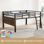 Lit superpos 140x200 cm avec barrire, chelle, bureau, tlcommande, bande lumineuse led, lit en mtal, ...