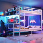 Lit superpos� 140x200 cm, lit enfant 2 places en m�tal et mdf, bureau int�gr�, led pilotable, prise usb, ...