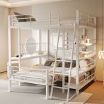 Lit superpos 140x200cm lit enfant 2 places avec chelle et plusieurs tagres, en mtal, blanc, sans ...