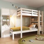 Lit superpos� 2 places 90x200 cm, lit enfant avec armoire, �tag�res et tiroirs, m�tal + bois, led intelligente ...