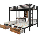 Lit superpos� 3 couchages 140x200 + 90x200 cm noir avec rangements