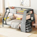 Lit superpos� 90 / 140x200cm, lit enfant 2 places, bureau int�gr�, grands rangements (3 tiroirs), pin ...