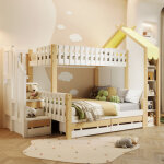 Lit superpos� 90 / 140x200cm, lit enfant avec �chelle de rangement, 2 tiroirs et barri�re irr�guli�re, ...