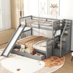 Lit superpos� 90 x 200 / 140 x 200cm, lit enfant avec toboggan, avec tiroirs, escaliers de rangement, ...