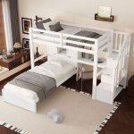 Lit superpos� 90 x 200 cm - avec bureau int�gr�s - compartiments de rangement et �tag�res - mdf - blanc ...