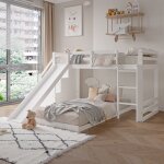 Dans les nuages - lit superpos 90x200 cm, 2 places, avec toboggan, escalier de rangement, sommier  ...