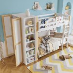 Lit superpos� - lit 90x200 cm - avec barri�re de s�curit�, 6 �tag�res ouvertes, armoire lat�rale - en ...