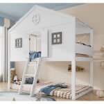 Lit superpos� 90x200 cm en bois massif - avec �chelle - avec forme de toit - blanc (sans matelas)