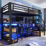 Lit superpos� 90x200 cm avec bureau et escalier de rangement - structure fer, barri�re de s�curit�, led ...