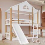 Lit superpos� 90x200 cm, lit cabane enfant avec toboggan, barri�res et protection antichute, en bois, ...