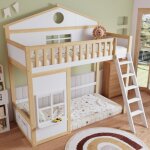 Lit superpos� 90x200 cm, lit cabane avec escalier et barri�re de s�curit�, en bois, couleur naturel, ...
