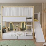 Lit superposé 90x200 cm, lit enfant avec 2 tiroirs et toboggan de rangement, avec rideaux en tissu, 2 ... Lit superposé 90x200 cm, lit enfant avec 2 tiroirs et toboggan de rangement, avec rideaux en tissu, 2 ...