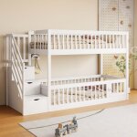 Lit superpos 90x200 cm, lit enfant, avec escalier de rangement scuris et tiroirs, sommier  lattes, ...