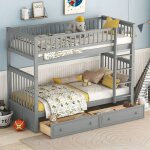 Lit superpos 90x200 cm, lit enfant 2 places avec 2 tiroirs et sommier  lattes, en bois de pin, gris, ...