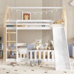 Lit superposé 90x200 cm pour enfants, avec toit, toboggan et échelle sécurisée, barrières de protection, ... Lit superposé 90x200 cm pour enfants, avec toit, toboggan et échelle sécurisée, barrières de protection, ...