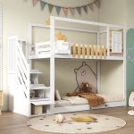 Lit superpos 90x200 cm, avec escaliers, fentres et tagres, cadre en bois massif de pin, lit pour ...
