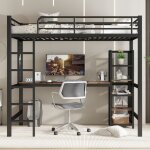 Lit superposé 90x200 cm, lit en fer forgé, avec table et étagères de rangement multicouches, grille métallique ... Lit superposé 90x200 cm, lit en fer forgé, avec table et étagères de rangement multicouches, grille métallique ...