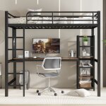 Lit superpos� 90x200 cm, lit en fer forg�, avec table et �tag�res de rangement multicouches, grille m�tallique ...