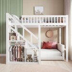 Rosahqnda - lit superpos 90x200 cm, lit mezzanine enfant avec escalier et meuble de rangement, lit simple, ...