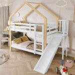 Lit superpos� 90x200 cm avec toboggan et �chelle d'angle � trois marches, lit cabane enfant, cadre de ...