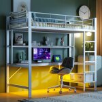Lit superpos� 90x200 cm avec usb et prises �lectriques, �clairage led, bureau, m�tal - blanc