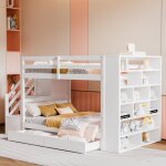 Lit superpos� 90x200cm en bois - avec 2 tiroirs & biblioth�que - blanc