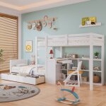 Lit superpos 90x200cm - avec bureau & tagres ouvertes & 2 tiroirs - en bois de pin et mdf - blanc
