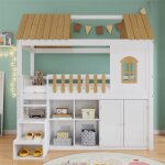 Lit superpos 90x200cm, lit cabane enfant en bois avec fentre, armoires, escaliers de rangement, balustrade, ...