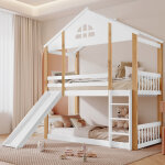Lit superpos� 90x200cm, lit double enfant avec toboggan, bois + mdf, sans matelas, blanc + naturel