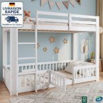 Lit superpos 90x200cm - lit superpos enfant 90 x 200 - bois de pin + lvl, avec escaliers  angle droit, ...