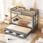 Lit superpos enfant 90x200 cm, avec chelle et lit gigogne avec 3 tiroirs, gris, sans matelas
