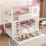 Lit superpos 90x200cm - lit enfant avec tagre ouverte, avant - toit rose et fentre, rideaux, 2 tiroirs ...